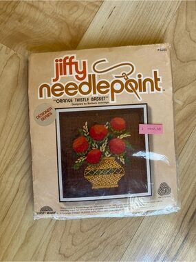 70s Jiffy Needlepoint 'Orange Thistle Basket' Vintage Kit - Orange & Brown